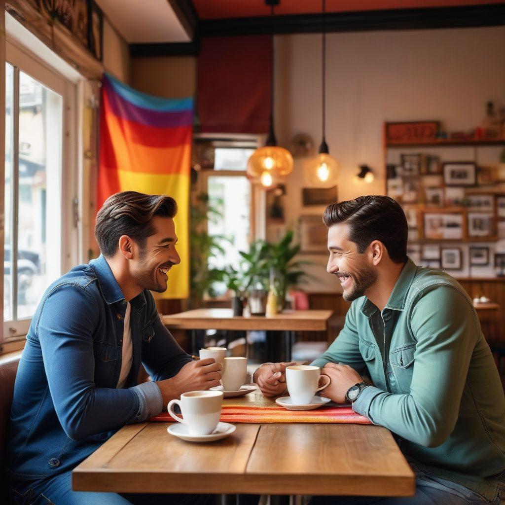 A vibrant scene depicting a diverse group of men engaging in friendly conversation at a cozy cafe, showcasing chemistry and trust through open body language and laughter. Integrate subtle hints of seduction, like warm eye contact and playful gestures, surrounded by colorful decor that reflects LGBTQ pride. Include symbolic elements of male bonding, such as an intertwined rainbow flag and coffee cups. The atmosphere should feel warm and inviting. super-realistic. vibrant colors. soft focus.