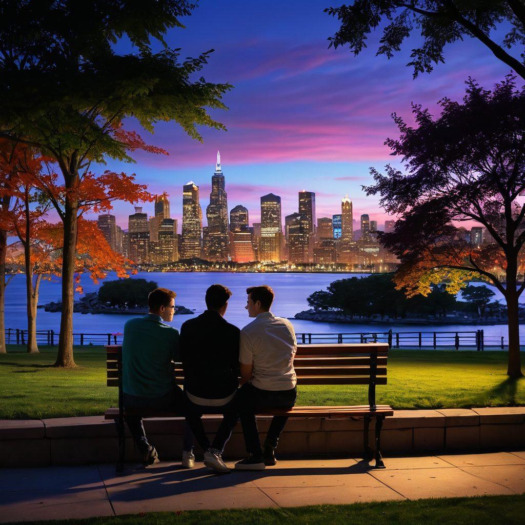 A visually striking representation of attraction and connection, featuring a vibrant city skyline at dusk, two men sharing a deep conversation on a park bench, surrounded by colorful lights and soft shadows illustrating warmth and chemistry. Include subtle symbols of LGBTQ pride such as rainbow colors subtly integrated into the scene. This image should evoke emotions of openness and allure. super-realistic. vibrant colors. warm lighting.