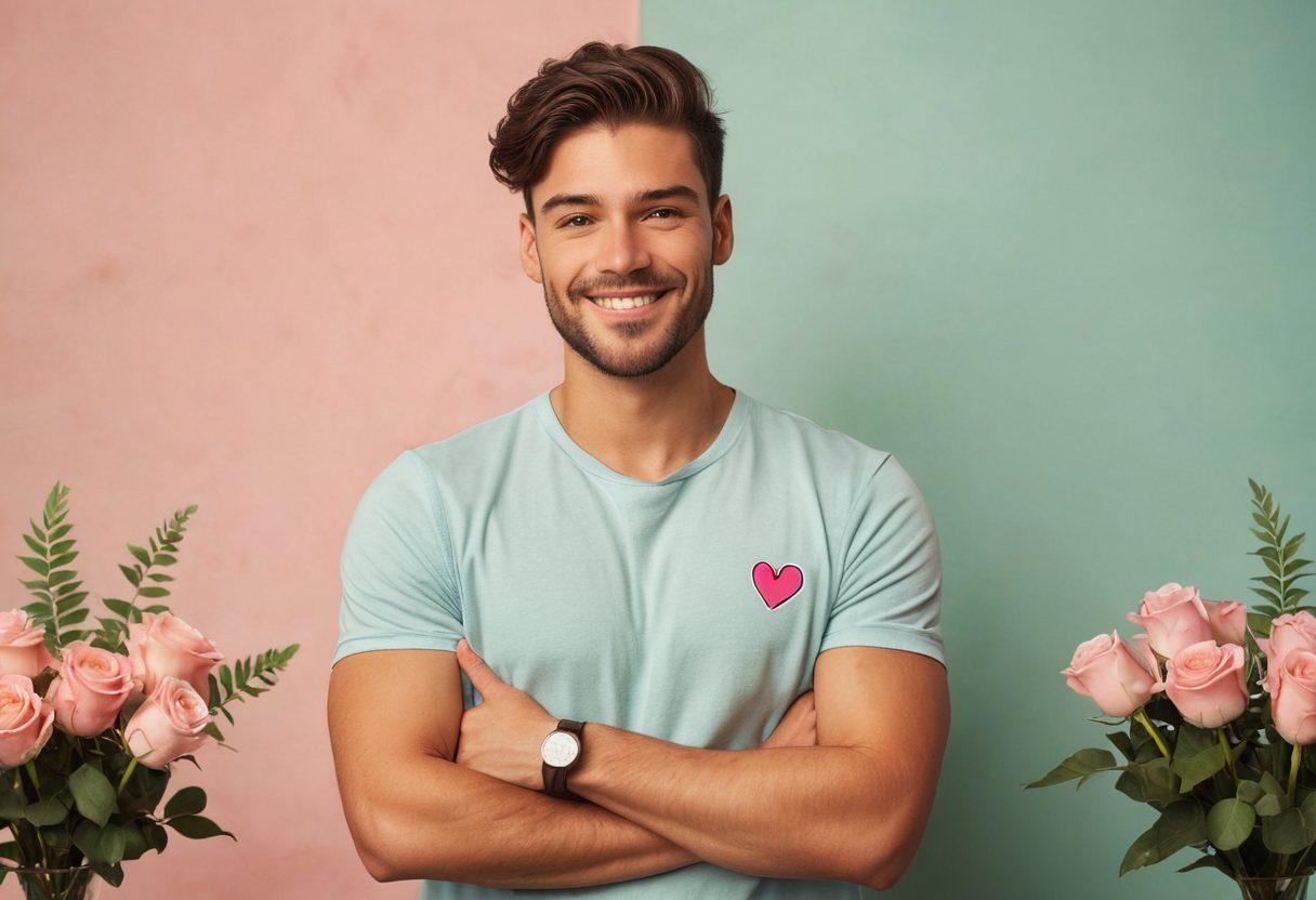 A confident straight male standing with arms crossed, smiling warmly, surrounded by subtle illustrations of romantic symbols like hearts and roses. In the background, soft pastel colors blend harmoniously, creating an inviting atmosphere. Include diverse couples engaged in friendly conversation to embody connection and understanding. The scene conveys a sense of empowerment and enthusiasm for building romantic relationships. super-realistic. vibrant colors. soft focus.